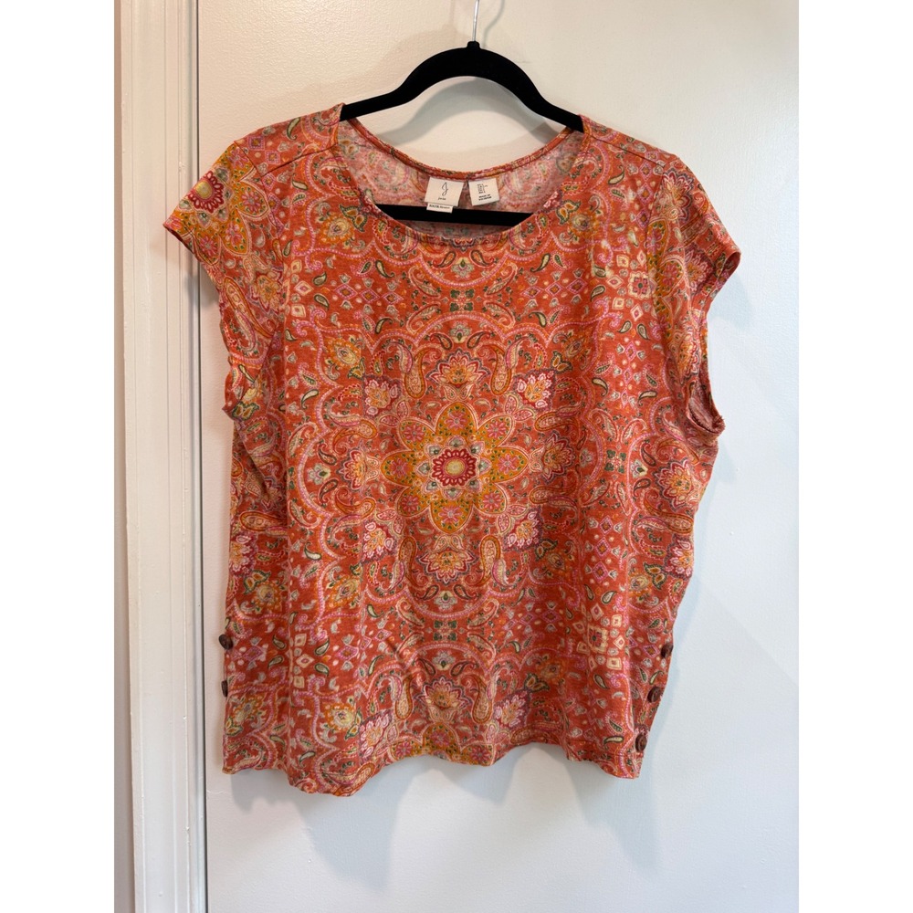 Joie Orange Paisley Linen Knit Top Short Sleeve Side Button Mandala Womens L